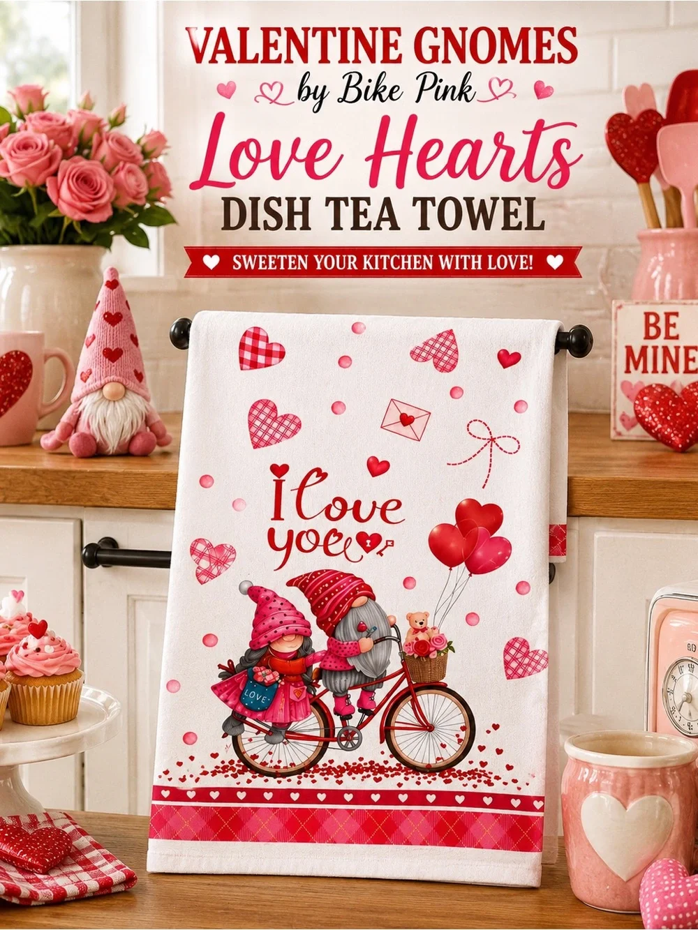 Valentine Gnomes by Bike Pink Love Hearts Dish Tea Towel